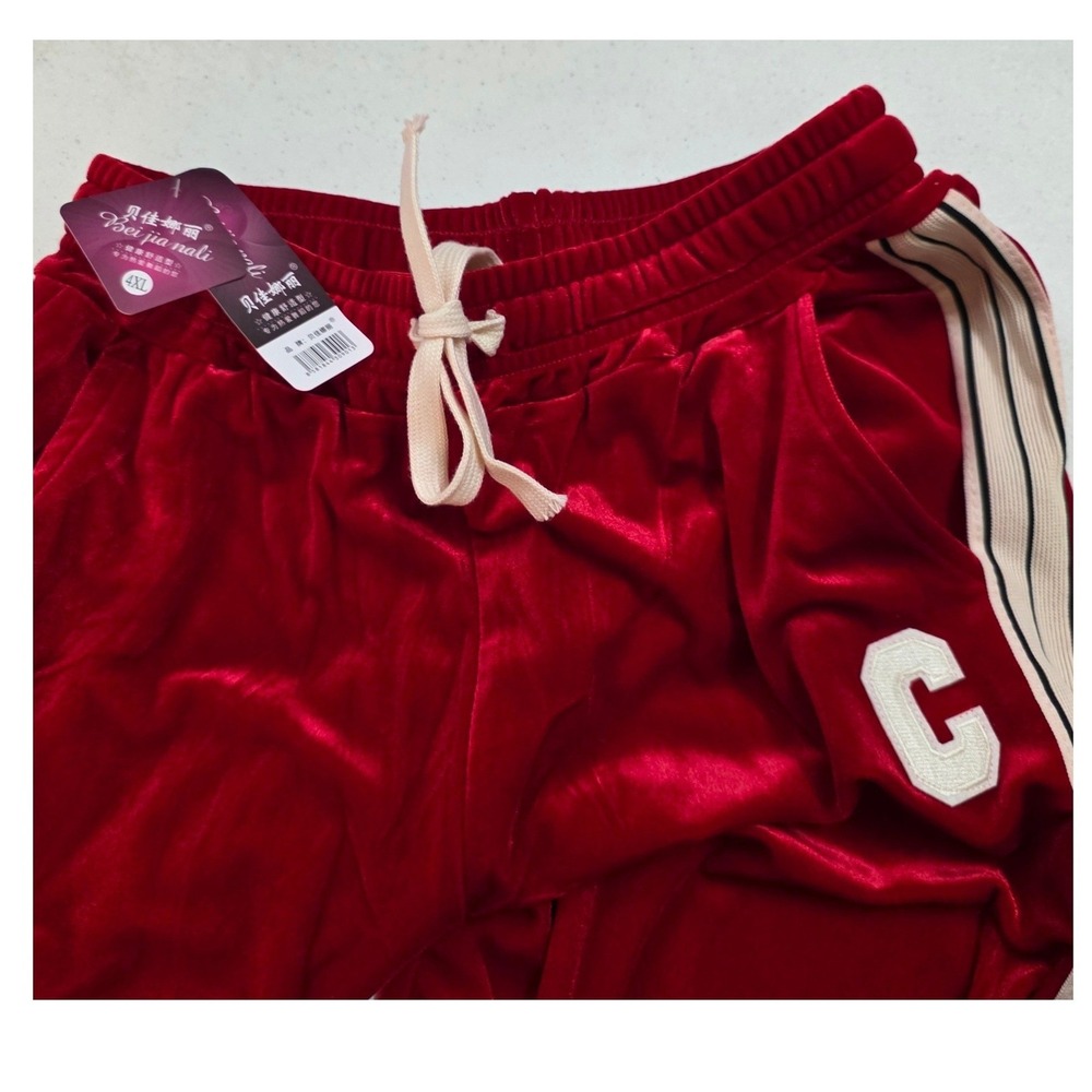 Bei jia nali Red Velour Track Pants Wide Leg Side Stripe Varsity C Patch Cream L